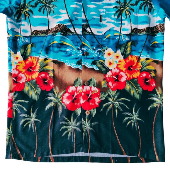 Men's Hawaiian Short-Sleeve Button-Down Shirt Blue Black Red Green Size Large - Picture 3 of 8